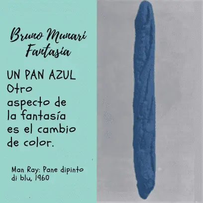 Una imagen vertical que muestra una barra de pan (baguette) pintada íntegramente de un color azul intenso y uniforme sobre un fondo gris claro. A la izquierda, sobre un fondo turquesa, el texto cita a Bruno Munari explicando que el cambio de color es un aspecto elemental de la fantasía, haciendo referencia a la obra "Pane dipinto di blu" (1960) de Man Ray.