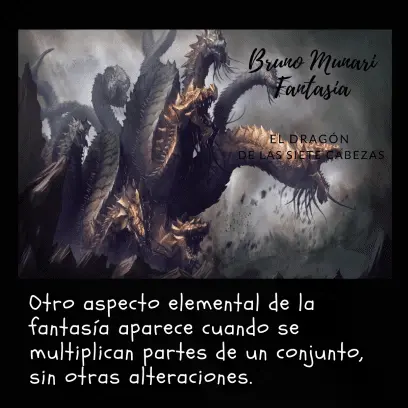 Una ilustración fantástica de un dragón de siete cabezas con escamas doradas y piel oscura, representado en una pose dinámica y poderosa. El texto en la parte superior derecha indica "Bruno Munari Fantasía" y "El dragón de las siete cabezas", mientras que en la parte inferior se explica que la fantasía también surge al multiplicar partes de un conjunto sin otras alteraciones.