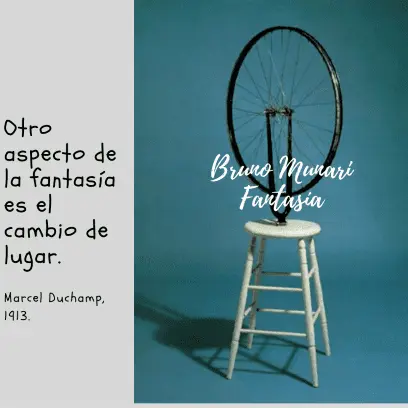 Una fotografía de la famosa obra "Rueda de bicicleta" (1913) de Marcel Duchamp, que muestra una rueda de bicicleta negra montada invertida sobre un taburete de madera pintado de blanco. El conjunto se encuentra sobre un fondo azul liso. A la izquierda, un texto explica que el cambio de lugar es otro aspecto fundamental de la fantasía según Munari.