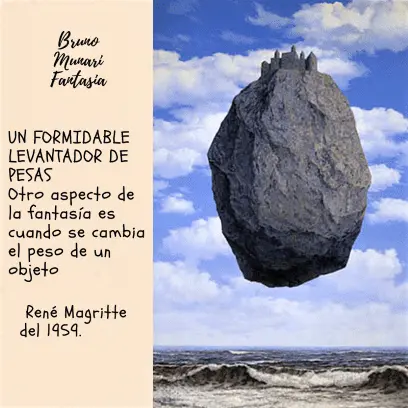 Una reproducción de la obra "El castillo de los Pirineos" (1959) de René Magritte. Muestra una roca gigante y pesada que flota ingrávida sobre un mar agitado, con un pequeño castillo de piedra construido en su cima. El texto lateral indica que otro aspecto de la fantasía es cuando se cambia el peso de un objeto.