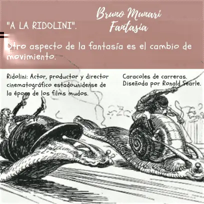 Una ilustración en blanco y negro que muestra a dos caracoles compitiendo en una carrera a gran velocidad. Los caracoles llevan jinetes sobre sus conchas y se desplazan dejando estelas de movimiento, como si fueran vehículos motorizados. En la parte superior, el texto menciona a Bruno Munari y explica que el cambio de movimiento es un aspecto de la fantasía, citando a "Ridolini" y los "Caracoles de carreras" de Ronald Searle.