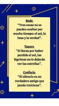 Frases sobre Arte, Cultura y Educación. Una tarjeta vertical con diseño místico sobre un fondo azul noche decorado con estrellas y brújulas doradas. En el centro, un recuadro color crema contiene tres citas filosóficas atribuidas a Buda, Tagore y Confucio, enmarcadas por líneas geométricas elegantes.