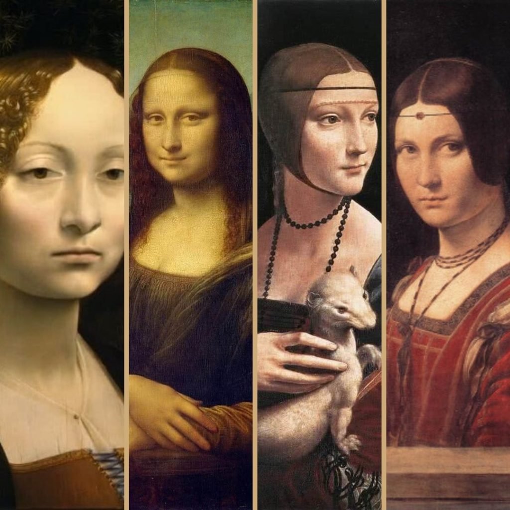 Frases célebres sobre el Arte, la Cultura y la Educación. Una composición vertical dividida en cuatro franjas estrechas, cada una mostrando un retrato femenino pintado por Leonardo da Vinci. De izquierda a derecha: el rostro de Ginevra de' Benci, la mundialmente famosa Mona Lisa (La Gioconda), Cecilia Gallerani (La dama del armiño) sosteniendo al animal, y el retrato conocido como La Belle Ferronnière.