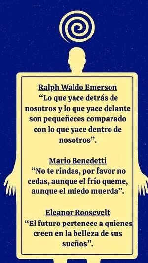 Frases sobre Arte, Cultura y Educación. Una tarjeta vertical con fondo azul oscuro que muestra la silueta amarilla de un cuerpo humano de frente. Sobre el pecho y el torso de la figura, hay un recuadro color crema que contiene tres citas inspiradoras de Ralph Waldo Emerson, Mario Benedetti y Eleanor Roosevelt. Sobre la cabeza de la silueta, destaca un símbolo de espiral amarillo.