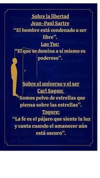 Frases sobre Arte, Cultura y Educación. Una tarjeta vertical de color azul oscuro con un marco delgado dorado. A la izquierda, se observa la silueta simplificada de una persona de pie frente a una puerta abierta. El texto presenta frases filosóficas de Jean-Paul Sartre, Lao Tse, Carl Sagan y Tagore, organizadas bajo los títulos "Sobre la libertad" y "Sobre el universo y el ser".