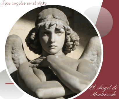 Primer plano de la escultura del Ángel de Monteverde (Ángel de la Resurrección), mostrando su expresión melancólica y sus manos cruzadas sobre el pecho en un diseño circular.