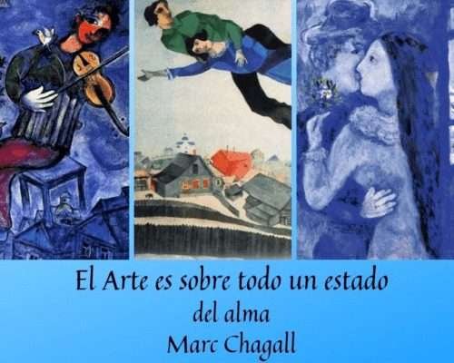 Collage de tres obras de Marc Chagall en tonos azules y vibrantes, con la frase "El Arte es sobre todo un estado del alma" en la parte inferior.