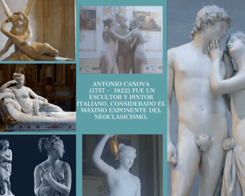 Collage de esculturas de mármol de Antonio Canova sobre un fondo azul turquesa. Se incluyen obras icónicas como "Psique reanimada por el beso del amor", "Las Tres Gracias" y "Venus Victrix". En el centro, un texto identifica al autor como el máximo exponente del Neoclasicismo.