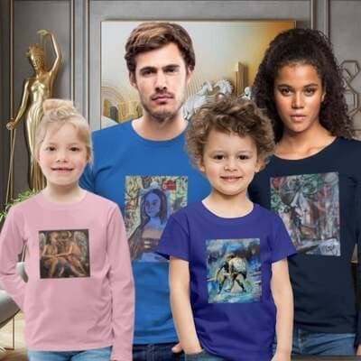 Un grupo de dos adultos y dos niños, todos vistiendo camisetas de diferentes colores (rosa, azul, azul marino) que llevan impresas obras de arte clásicas y contemporáneas en el centro. El fondo muestra un ambiente moderno con una escultura dorada y un cuadro, sugiriendo un estilo de vida rodeado de diseño y cultura.
