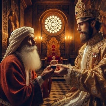 En el interior de un palacio ornamentado con una gran ventana circular de estilo rosetón al fondo, un sabio anciano con una larga barba blanca y túnica roja entrega un pequeño anillo a un rey joven. El rey, vestido con una túnica dorada bordada y una corona majestuosa, recibe el objeto con ambas manos y una expresión de reflexión. La luz cálida resalta la solemnidad del encuentro y los detalles arquitectónicos del trono detrás de ellos.