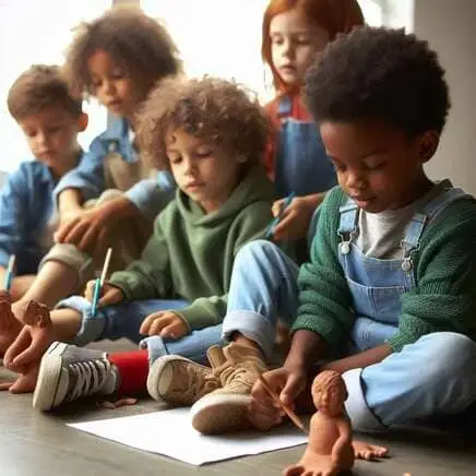 Un grupo de niños de diversas procedencias sentados en el suelo de un aula iluminada. Se encuentran inmersos en una actividad artística; algunos dibujan sobre papel blanco mientras otros moldean pequeñas figuras de arcilla. La atmósfera es de calma, concentración y respeto mutuo por el trabajo creativo del otro.