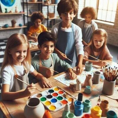 Un grupo de niños y niñas en un taller de arte, concentrados y sonrientes mientras pintan con pinceles y una paleta de colores vibrantes.
