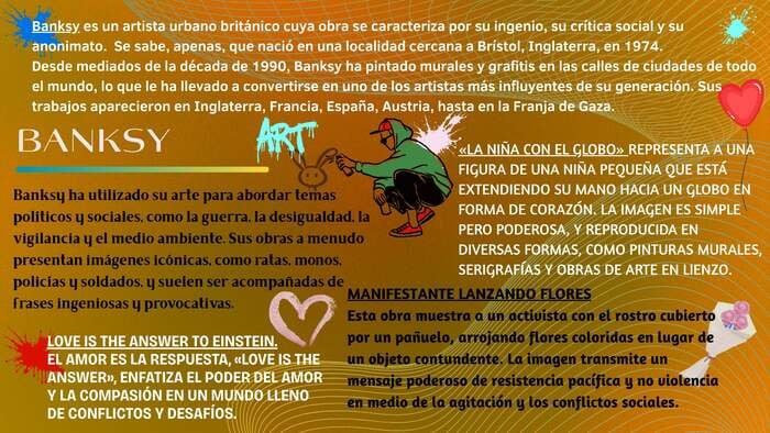 Infografía sobre el artista británico Banksy, detallando su técnica de estarcido, su anonimato y sus obras más famosas como "La niña con el globo" y "Manifestante lanzando flores".