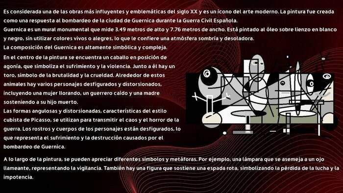 Gráfico educativo sobre fondo oscuro que detalla los símbolos del mural «Guernica» de Pablo Picasso, incluyendo el caballo, el toro, la lámpara de vigilancia y la espada rota.