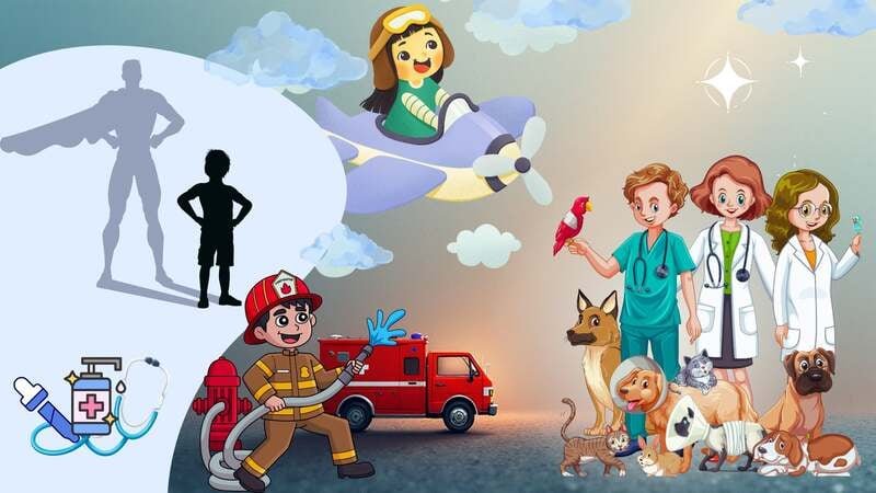 Ilustración de niños representando diversas profesiones: una niña en un avión, un niño bombero, y un grupo de veterinarios y médicos con animales, junto a una sombra de superhéroe.