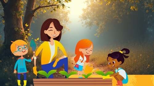 Ilustración de una mujer y tres niños cuidando un pequeño huerto, regando y plantando brotes verdes en un bosque iluminado por el sol.