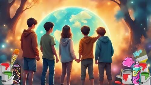 Ilustración digital de estilo fantástico que muestra a cinco preadolescentes de espaldas, algunos tomados de la mano, observando un planeta Tierra gigante y luminoso que flota en un bosque al atardecer. En primer plano, hay elementos de arte urbano como latas de aerosol de colores, brochas y tarros de pintura derramada, sugiriendo que ellos están "pintando" o interviniendo el mundo.