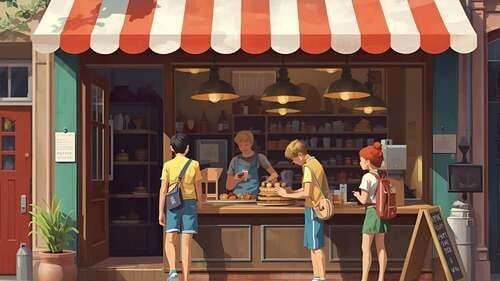 Ilustración de estilo anime que muestra el exterior de una pequeña tienda con un toldo de rayas rojas y blancas. Un grupo de cuatro preadolescentes interactúa frente al mostrador de madera. Uno de ellos parece estar atendiendo o preparando algo detrás del mostrador, mientras los otros esperan o conversan. La escena ocurre en una calle urbana iluminada por el sol, con plantas y una pizarra de menú a un lado.