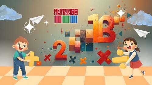 Ilustración de dos niños interactuando con grandes números coloridos (1, 2, 3) y signos matemáticos en un entorno creativo con aviones de papel y estrellas.