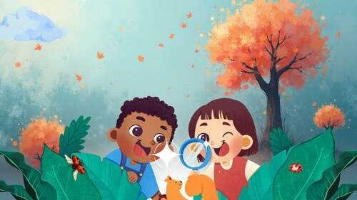 Ilustración de dos niños pequeños explorando la naturaleza con una lupa entre grandes hojas verdes, con un árbol otoñal al fondo y mariquitas alrededor.