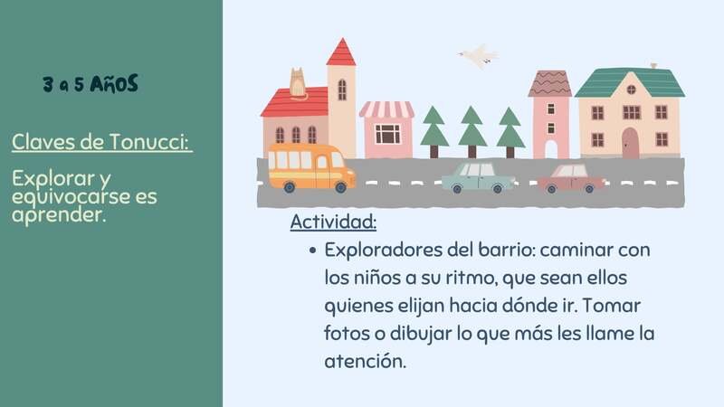 Francesco Tonucci, juego autónomo en la ciudad. Infografías de talleres para niños de 3 a 5 años basadas en las "Claves de Tonucci". Muestra una calle con casas y vehículos, describiendo la actividad "Exploradores del barrio".