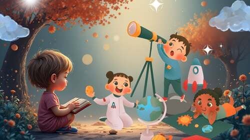 Ilustración de cuatro niños explorando el espacio: uno lee un libro, otro mira por un telescopio, una niña flota en un traje espacial y otro niño observa un mapa del sistema solar en un entorno fantástico.