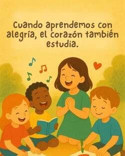 Ilustración en tonos cálidos que muestra a una maestra y tres niños sentados juntos. Todos tienen expresiones de gran alegría y risas. Un niño sostiene un libro abierto del que parecen salir notas musicales de colores, mientras una niña a su lado aplaude. En la parte superior, el texto dice: "Cuando aprendemos con alegría, el corazón también estudia".