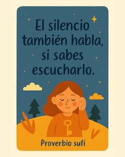 Ilustración en tonos cálidos y azul profundo que muestra a una niña con los ojos cerrados, llevando una mano hacia su oído en actitud de escucha atenta. Viste una prenda naranja con el dibujo de una llave y se encuentra en un paisaje nocturno con pinos, nubes y estrellas. El texto superior dice: "El silencio también habla, si sabes escucharlo", y abajo se atribuye a un "Proverbio sufí”.