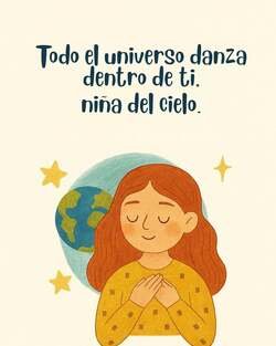 Ilustración poética de una niña con expresión de paz y los ojos cerrados, con las manos apoyadas suavemente sobre su pecho. Detrás de ella se observa el planeta Tierra y varias estrellas brillantes sobre un fondo color crema. En la parte superior, el texto reza: "Todo el universo danza dentro de ti, niña del cielo".