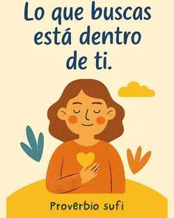 Ilustración de estilo minimalista y cálido que muestra a una persona con los ojos cerrados y una expresión de serenidad, con las manos apoyadas sobre el pecho donde brilla un pequeño corazón amarillo. El fondo es de color crema con formas vegetales abstractas y una pequeña nube. En la parte superior, el texto reza: "Lo que buscas está dentro de ti" y en la parte inferior indica: "Proverbio sufí”.