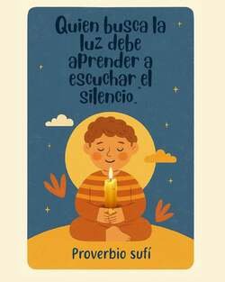 Ilustración de estilo cálido y espiritual que muestra a un niño sentado en posición de meditación bajo un cielo nocturno estrellado. El niño sostiene una vela encendida entre sus manos y tiene los ojos cerrados con una expresión de paz profunda. Detrás de él, un gran círculo amarillo simboliza una luna llena o un aura de luz. En la parte superior, el texto dice: "Quien busca la luz debe aprender a escuchar el silencio" y en la parte inferior indica: "Proverbio sufí".