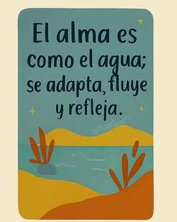 Ilustración de un paisaje sereno que muestra un cuerpo de agua (lago o mar) rodeado de dunas o colinas en tonos ocres y naranjas. Hay plantas estilizadas en primer plano y un cielo azul verdoso con pequeñas estrellas. En la parte superior, el texto dice: "El alma es como el agua; se adapta, fluye y refleja".