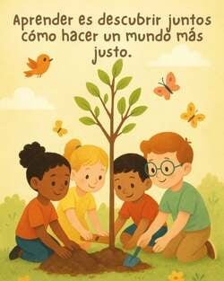 Ilustración de estilo infantil en tonos cálidos que muestra a cuatro niños y niñas de diversos orígenes trabajando juntos para plantar un árbol joven en un jardín. Uno de los niños usa una pala pequeña mientras los otros ayudan a sostener la planta y preparar la tierra. Alrededor vuelan mariposas y un pájaro bajo un cielo despejado. En la parte superior, el texto dice: "Aprender es descubrir juntos cómo hacer un mundo más justo".
