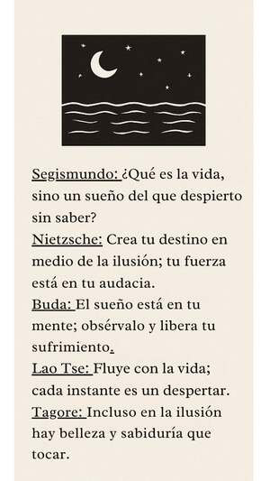 Una composición visual dividida en dos partes. En la parte superior, un recuadro negro muestra un mar con ondas blancas bajo un cielo nocturno con una luna creciente y estrellas. En la parte inferior, sobre un fondo crema, aparece un diálogo escrito entre Segismundo, Tagore y Rilke sobre la naturaleza del dolor y el crecimiento espiritual.