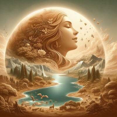 Ilustración surrealista de estilo sepia y tonos tierra que muestra el rostro de una mujer (Gaia) de perfil con los ojos cerrados en un gesto de paz. Su cabello se transforma en un denso bosque con flores y mariposas, que a su vez se convierte en un paisaje de montañas nevadas, cascadas y un lago cristalino. En el cielo flotan globos aerostáticos y aves, mientras que en la tierra se ven diversos animales y una pequeña figura humana, simbolizando la unidad de toda la creación.