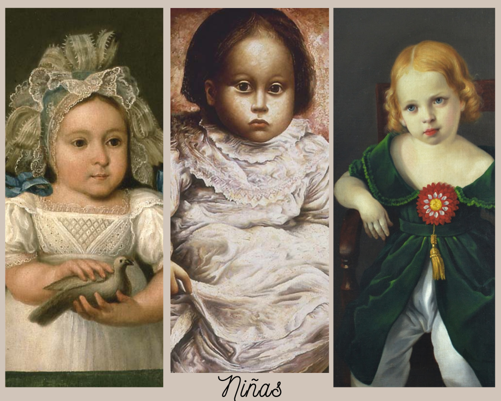 Collage de tres pinturas clásicas de niñas: una niña con una paloma, un retrato realista de una niña con vestido blanco y una niña con un vestido verde oscuro y una flor roja.