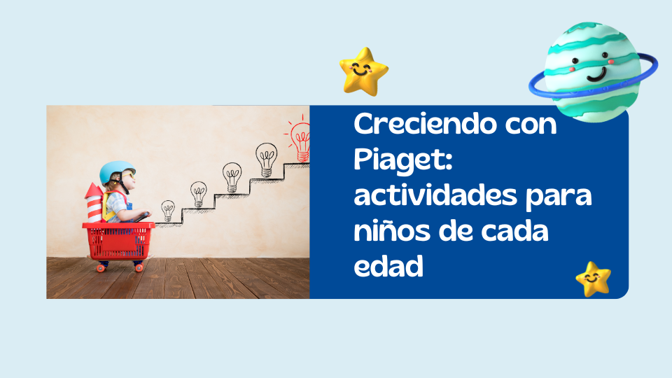 Jean Piaget, talleres prácticos para padres y educadores. Un niño pequeño con casco y una mochila de cohete sentado en un carrito rojo, frente a una pared con dibujos de bombillas que suben como una escalera.