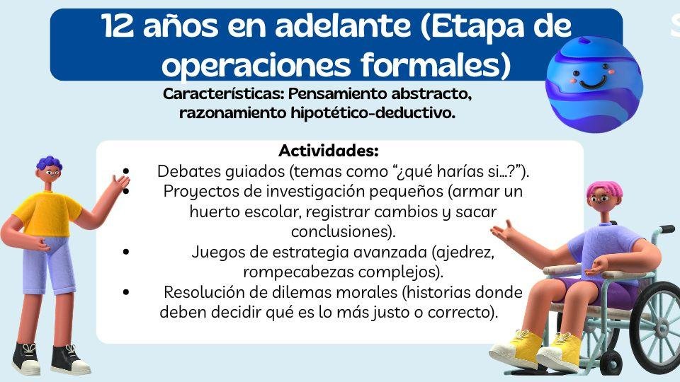 Jean Piaget, talleres prácticos para padres y educadores. Infografía de la serie Creciendo con Piaget sobre la etapa de operaciones formales (12 años en adelante) con actividades de debate, investigación y dilemas morales.
