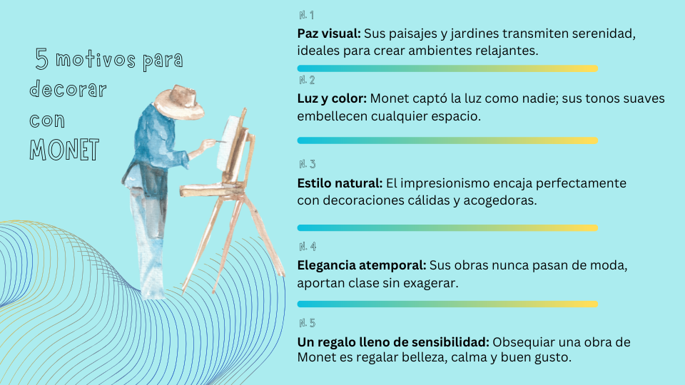 Infografía titulada "5 motivos para decorar con MONET" sobre fondo de ondas azules y doradas. Destaca puntos sobre paz y serenidad, armonía de colores, conexión con lo natural, elegancia clásica y luz en el hogar.