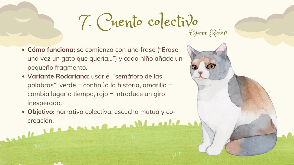 Actividades creativas inspiradas en Gianni Rodari: juegos de fantasía  Infografía sobre el "Cuento Colectivo" de Gianni Rodari, ilustrada con un gato y nubes, explicando cómo crear historias en grupo usando el "semáforo de las palabras".