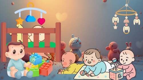 Ilustración de cuatro bebés interactuando con diversos juguetes como bloques, sonajeros y móviles en una habitación suavemente iluminada cerca de una cuna.