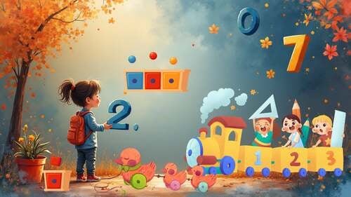 Ilustración de una niña con mochila sosteniendo el número 2 frente a un tren colorido cargado con niños y los números 1, 2 y 3, en un entorno otoñal con números flotando en el cielo.
