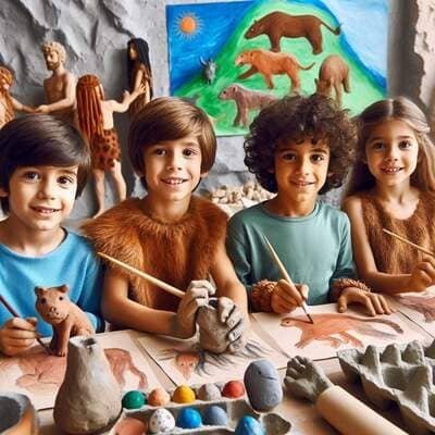 Un grupo de niños en un taller creativo recreando el arte de la prehistoria con arcilla, figuras de animales y pinturas rupestres sobre papel.