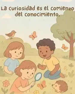 Ilustración en tonos pastel de tres niños en un jardín. Una niña en primer plano observa el suelo con una lupa, mientras un niño y otra niña la miran con curiosidad. A su alrededor hay flores, mariposas, un pájaro y un pequeño erizo. En la parte superior, el texto dice: "La curiosidad es el comienzo del conocimiento".