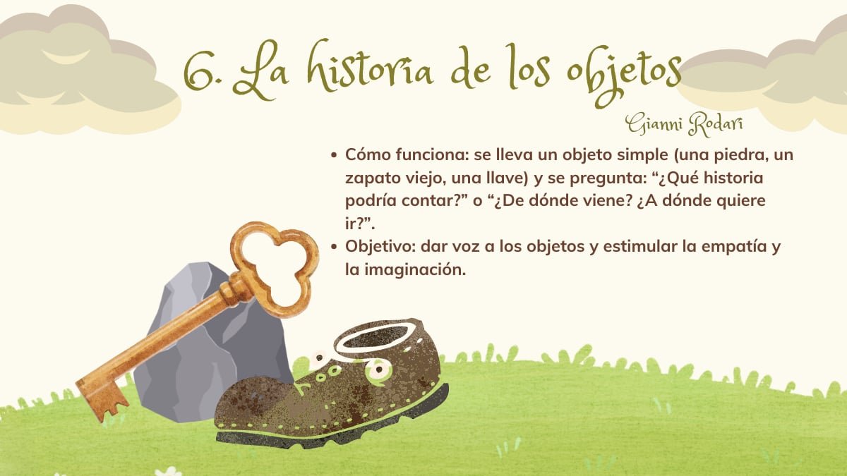 Actividades creativas inspiradas en Gianni Rodari: juegos de fantasía  Infografía de "La Historia de los Objetos" de Gianni Rodari que muestra una llave antigua, una piedra y un zapato viejo sobre hierba, explicando cómo inventar historias para objetos simples.