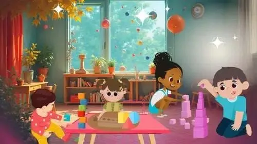 Ilustración de cuatro niños pequeños en un aula luminosa jugando con bloques de construcción y rompecabezas de formas geométricas sobre una mesa.