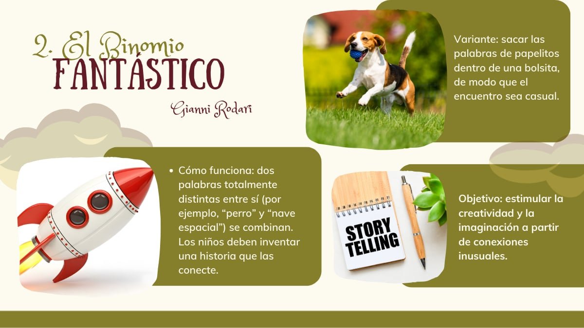 Actividades creativas inspiradas en Gianni Rodari: juegos de fantasía   Infografía sobre "El Binomio Fantástico" de Gianni Rodari, mostrando ejemplos como la unión de las palabras "perro" y "nave espacial" para crear historias de storytelling