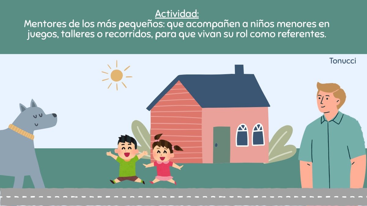 Infografía de una actividad inspirada en Tonucci titulada "Mentores de los más pequeños". Muestra una ilustración de dos niños pequeños saltando de alegría cerca de una casa rosa, mientras un joven mayor y un perro los observan desde un lado. El texto propone que los niños mayores acompañen a los menores en juegos, talleres o recorridos para que vivan su rol como referentes.