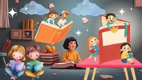 Ilustración colorida de niños leyendo en una habitación donde los libros vuelan como pájaros, con nubes y estrellas brillantes flotando en el aire.