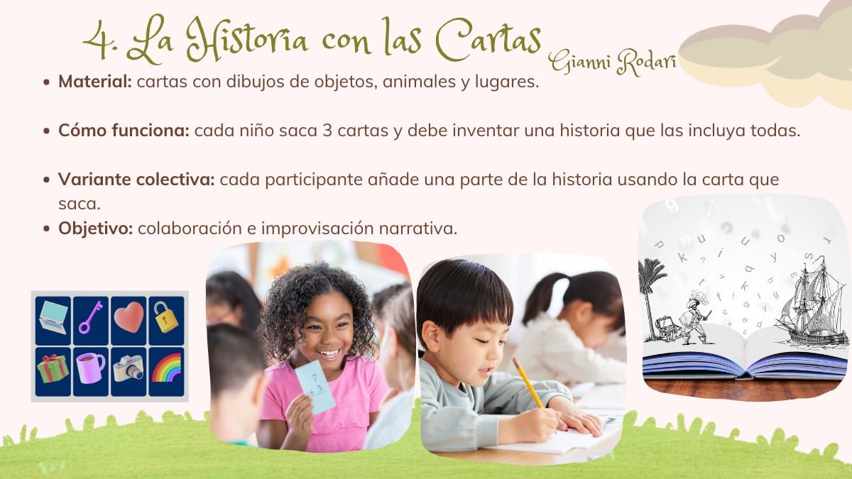 Infografía sobre "La Historia con las Cartas" de Gianni Rodari que muestra a niños jugando con cartas con dibujos de objetos, animales y lugares para inventar historias.